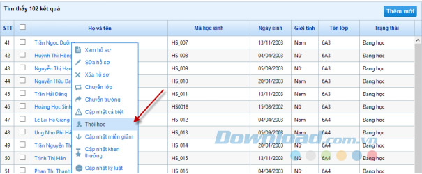 Cập nhật học sinh thôi học