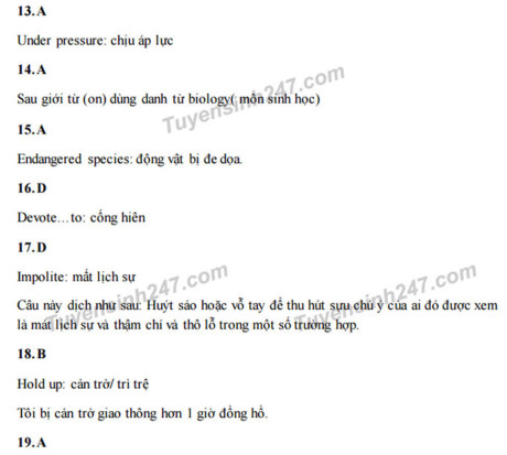 Đáp án đề thi thử môn tiếng Anh THPT Quốc gia 2017 Đáp án đề thi thử môn tiếng Anh THPT Quốc gia 2017