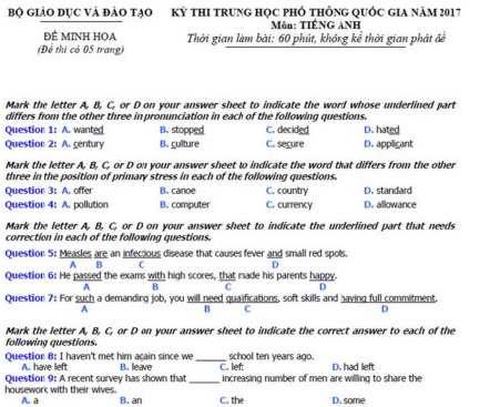Đề thi thử môn tiếng Anh THPT Quốc gia 2017 Đề thi thử môn tiếng Anh THPT Quốc gia 2017