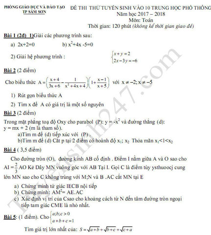 Đề thi thử vào lớp 10 môn Toán Đề thi thử vào lớp 10 môn Toán