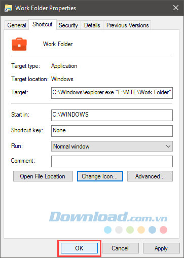 Click vào OK ở cửa sổ Work Folder Properties Click vào OK ở cửa sổ Work Folder Properties
