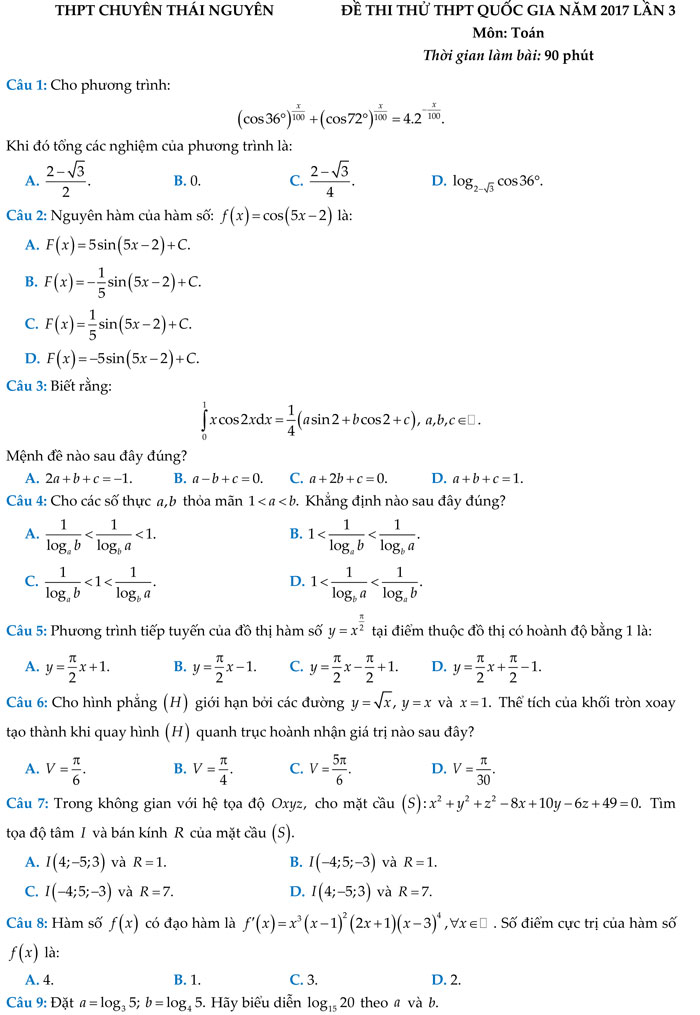Đề thi thử THPT Quốc gia năm 2017 môn Toán