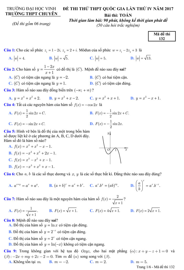 Đề thi thử THPT Quốc gia 2017 môn Toán