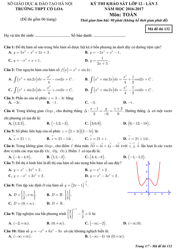 Đề thi thử THPT Quốc gia năm 2017 môn Toán