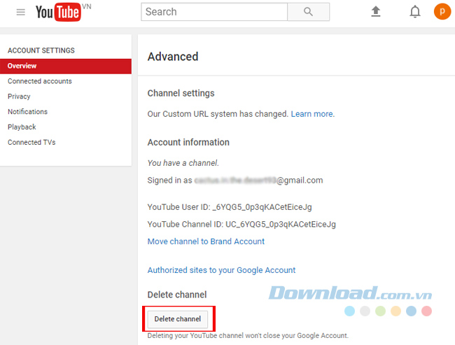 Click vào Delete channel