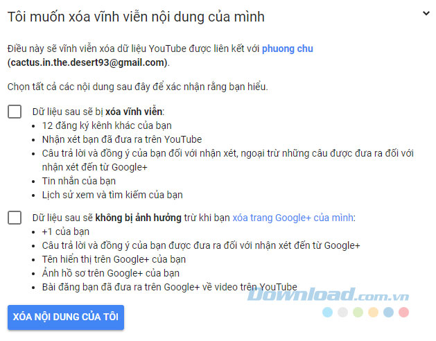 Chọn tất cả các nội dung để xác nhận bạn muốn xóa kênh YouTube