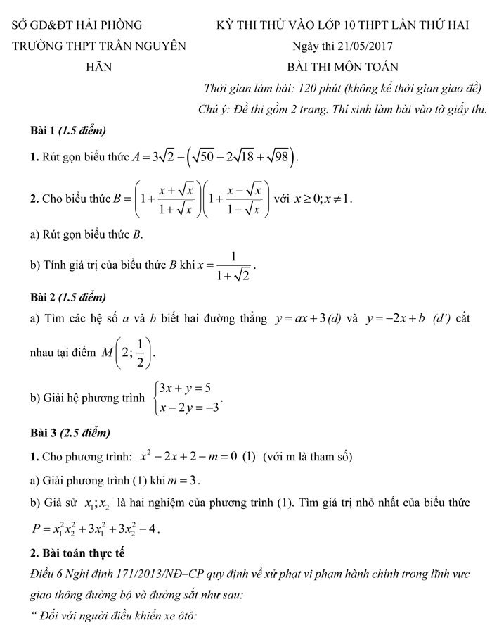 Đề thi thử vào lớp 10 môn Toán