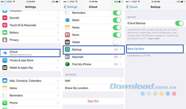 Bật iCloud Backup Bật iCloud Backup