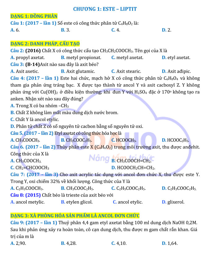 Các câu hỏi trong đề thi THPT quốc gia 2017 môn Hóa học