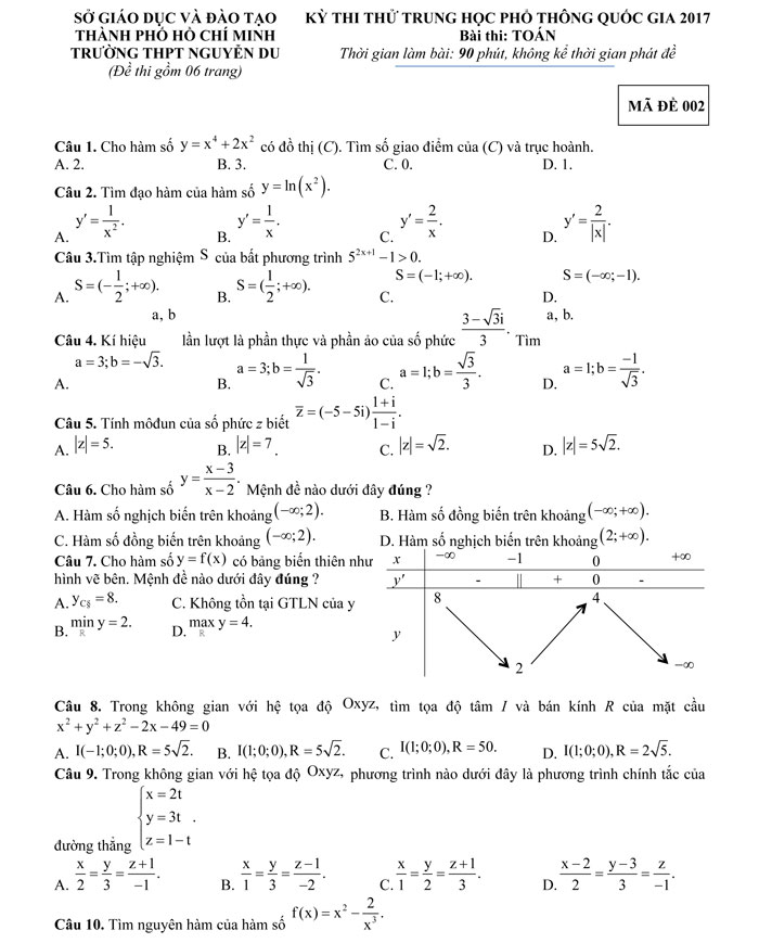 Đề thi thử THPT Quốc gia 2017 môn Toán