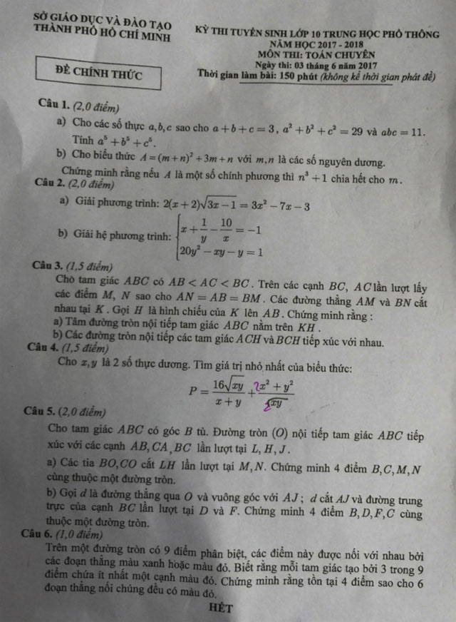 Đề thi vào lớp 10 môn Toán TP Hồ Chí Minh năm học 2017 - 2018