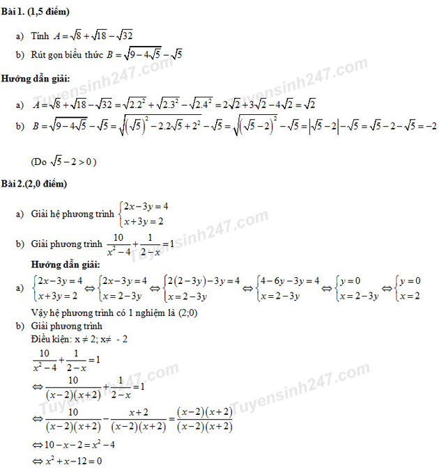 Đáp án đề thi vào lớp 10 môn Toán 2017