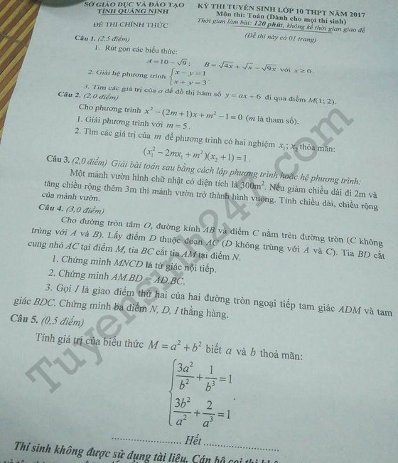 Đề thi tuyển sinh vào lớp 10 môn Toán