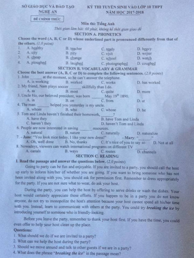 Đề thi vào lớp 10 môn Tiếng Anh tỉnh Nghệ An năm học 2017 - 2018