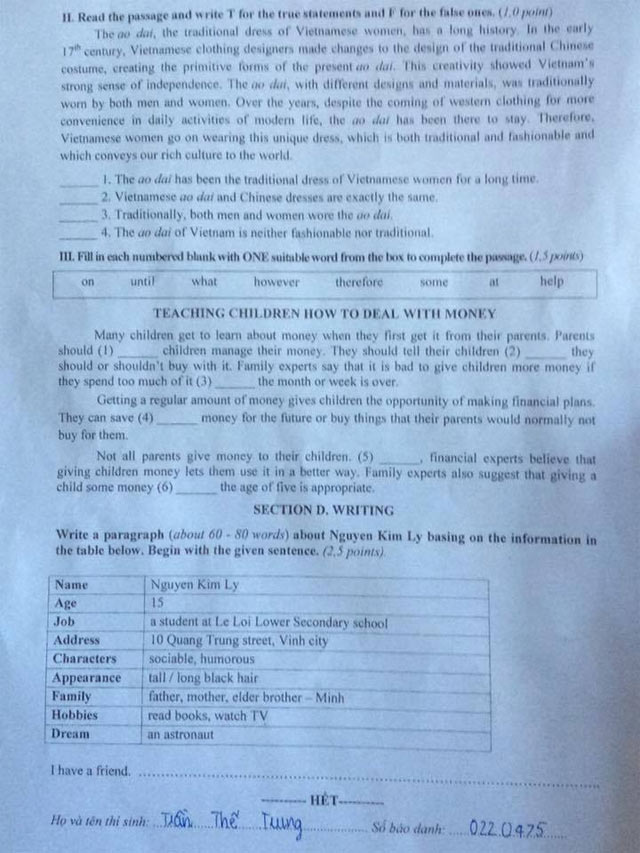 Đề thi vào lớp 10 môn Tiếng Anh tỉnh Nghệ An năm học 2017 - 2018