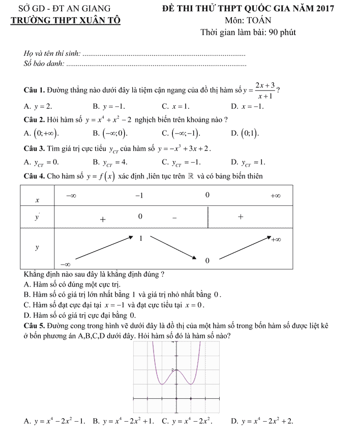 Đề thi thử THPT Quốc gia 2017 môn Toán Đề thi thử THPT Quốc gia 2017 môn Toán