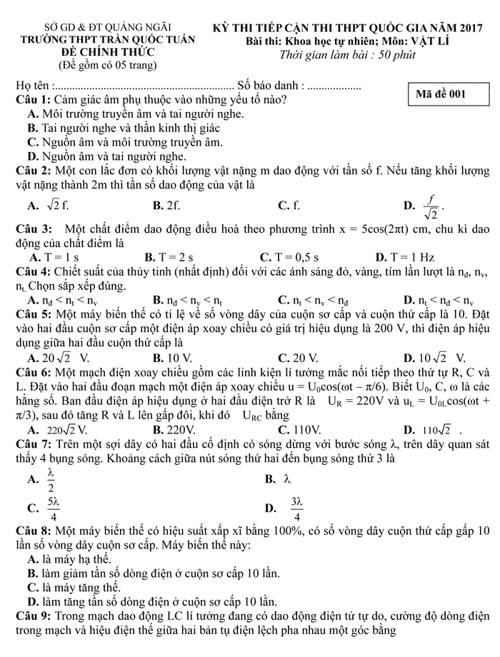 Đề thi thử THPT Quốc gia năm 2017 môn Vật Lý