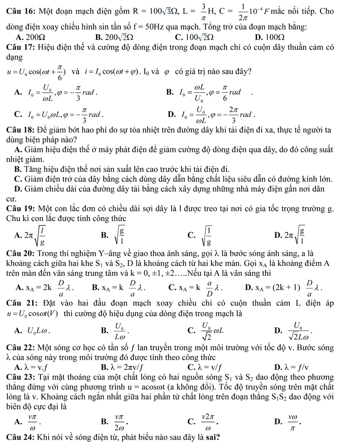 Đề thi thử THPT Quốc gia năm 2017 môn Vật Lý