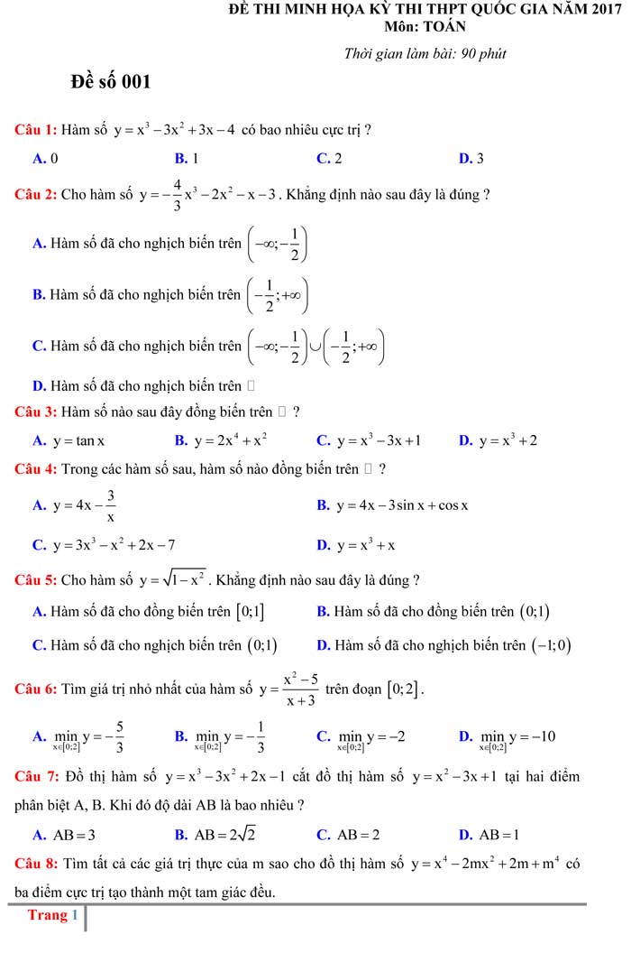 Đề thi thử THPT Quốc gia 2017 môn Toán