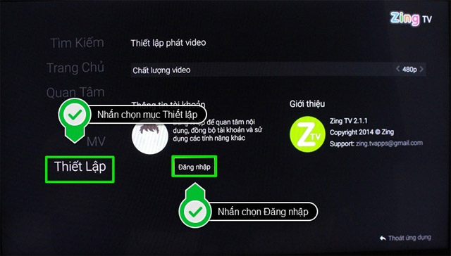 Nhấn chọn mục Thiết lập 