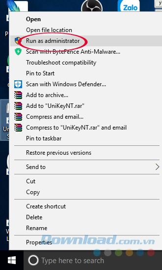 Chạy Unikey quyền Admin