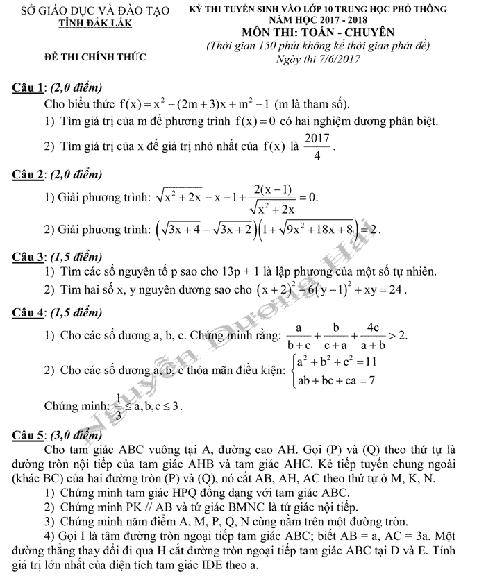 Đề thi vào lớp 10 môn Toán