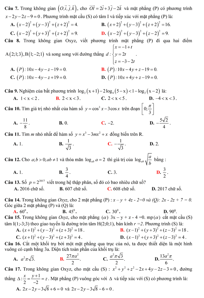 Đề thi thử THPT Quốc gia 2017 môn Toán Đề thi thử THPT Quốc gia 2017 môn Toán