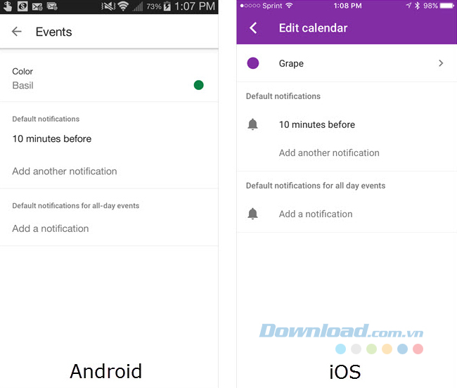 Thời gian thông báo mặc định Thời gian thông báo mặc định