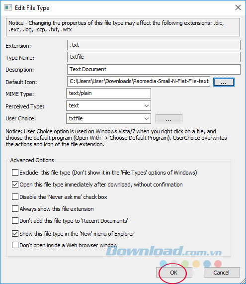 Chọn icon mặc định