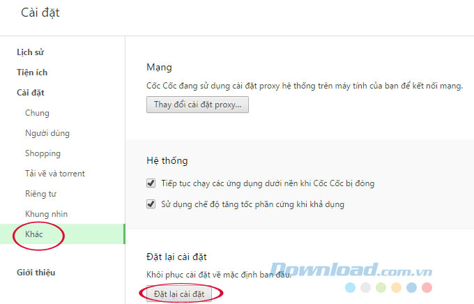 Khôi phục cài đặt gốc Cách khôi phục cài đặt mặc định cho trình duyệt Cốc Cốc
