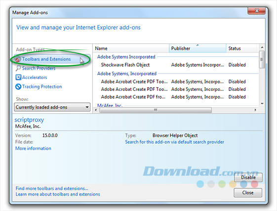 Click vào Toolbars and Extensions