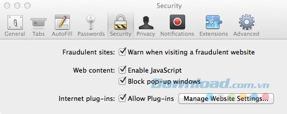  Đảm bảo rằng Enable JavaScript và Allow Lug-ins được chọn