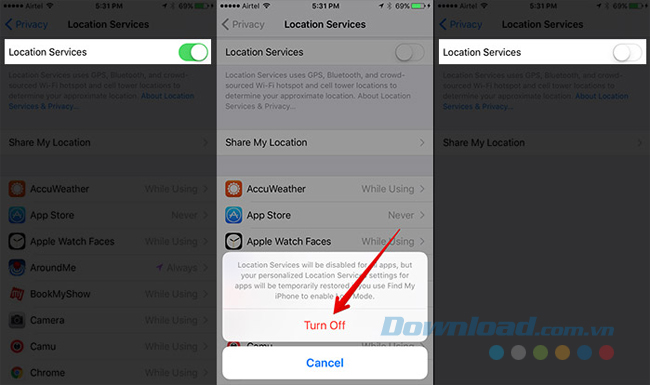 Tắt Locations Services