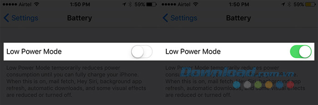 Bật công tắc bên cạnh Low Battery Mode