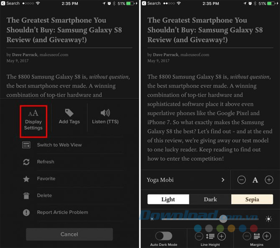 Chế độ ban đêm trên Pocket