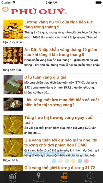 Giao diện chính của ứng dụng Giá vàng Phú Quý cho iOS