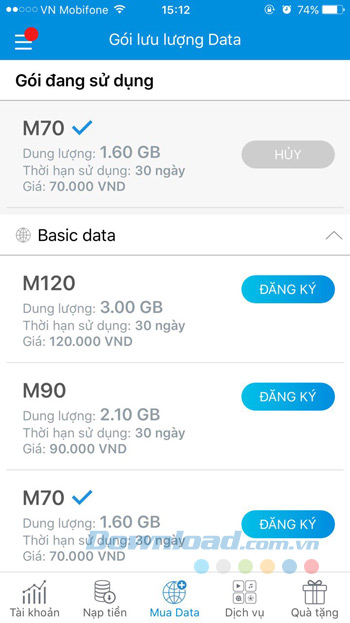 Gói cước đang sử dụng