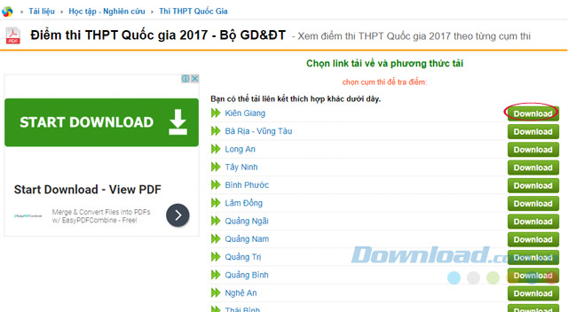 Download điểm thi THPT Quốc gia 2017