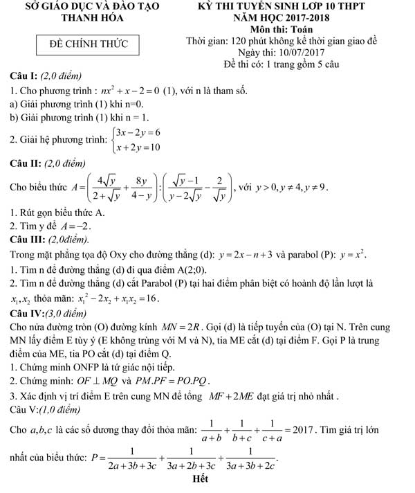 Đề thi vào lớp 10 môn Toán 2017