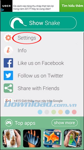 Truy cập Settings Snake on Screen