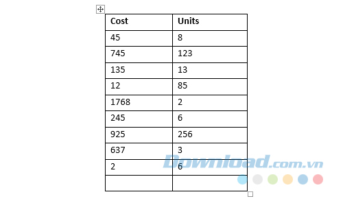 Ví dụ về bảng