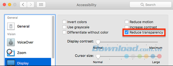 Nhấp chuột vào Reduce Transparency