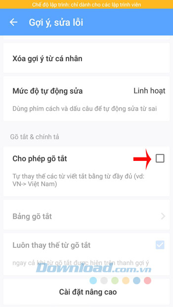 Cho phép gõ tắt