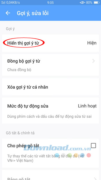 Hiển thị gợi ý từ