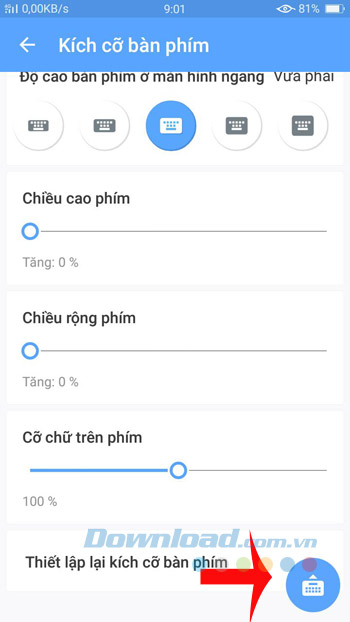 Thay đổi kích cỡ bàn phím 