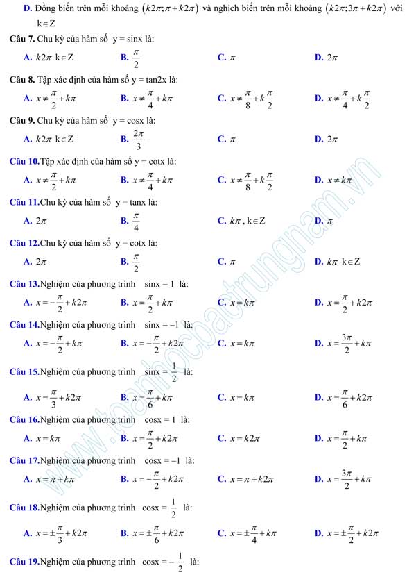 873 câu hỏi trắc nghiệm môn Toán lớp 11
