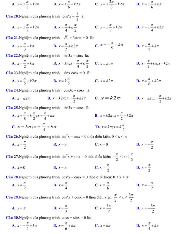 873 câu hỏi trắc nghiệm môn Toán lớp 11