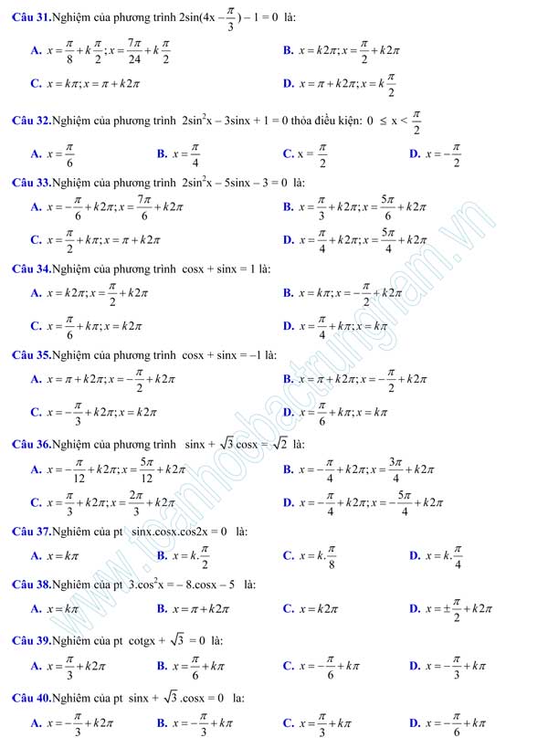 873 câu hỏi trắc nghiệm môn Toán lớp 11