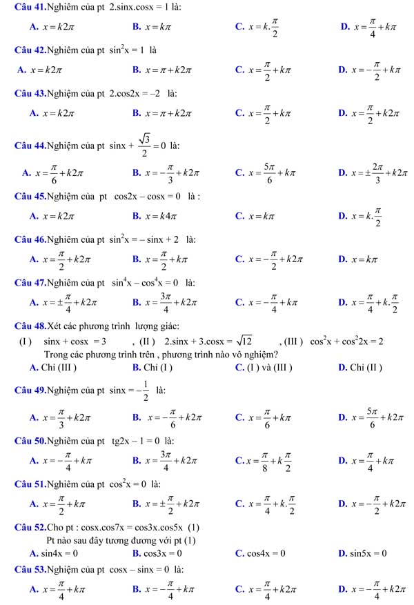 873 câu hỏi trắc nghiệm môn Toán lớp 11