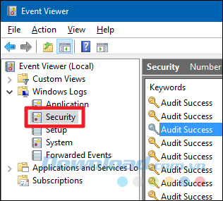 điều hướng đến Windows Logs > Sercurity ở bảng bên tay trái.
